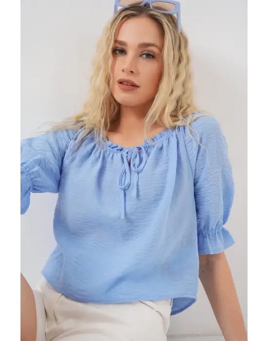 Yakası Fırfır Detaylı Bluz 959 - Mavi