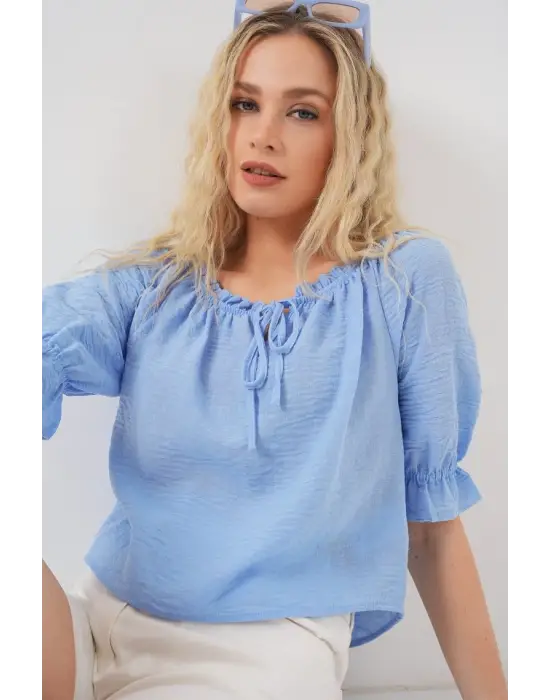 Yakası Fırfır Detaylı Bluz 959 - Mavi