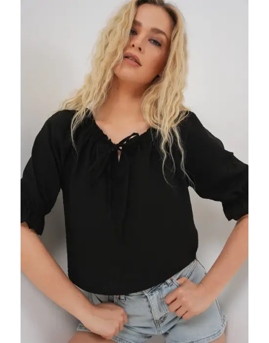 Yakası Fırfır Detaylı Bluz 959 - Siyah