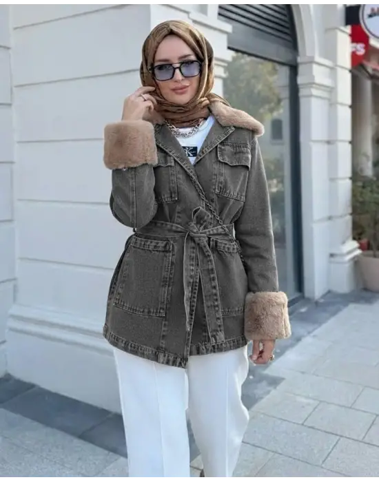 Yakası Ve Kolu Kürklü Önü Bağlamalı Cepli Kot Ceket  -Füme