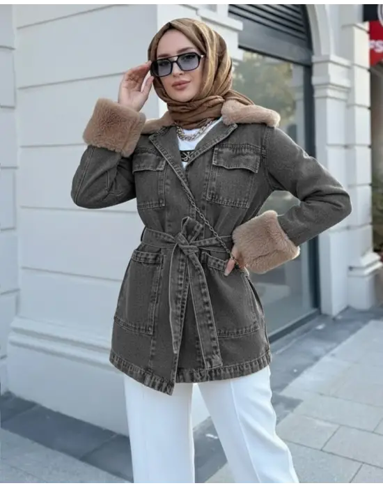 Yakası Ve Kolu Kürklü Önü Bağlamalı Cepli Kot Ceket  -Füme