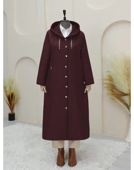 Bordo Uzun Kapitone Kaban Kadın Giyim