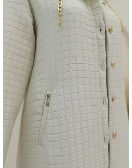 Yakası Zincir Detaylı Uzun Kapitone Kaban -Taş