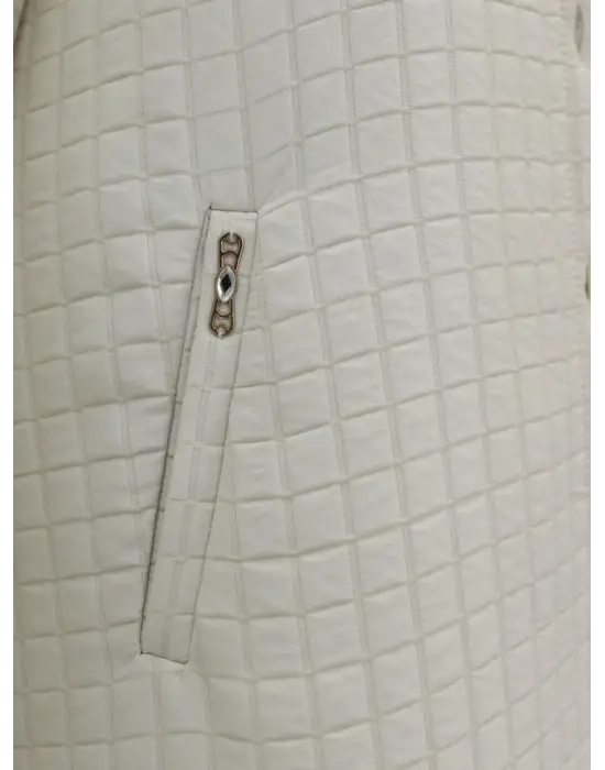 Yakası Zincir Detaylı Uzun Kapitone Kaban -Taş