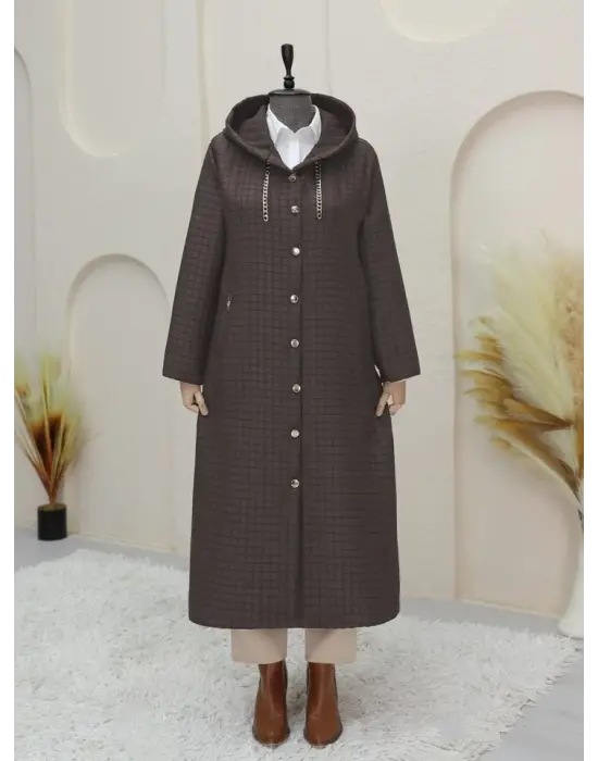 Yakası Zincir Detaylı Uzun Kapitone Kaban    -Toprak