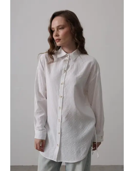 Omarı Beyaz Yan Büzmeli Tunik Gömlek