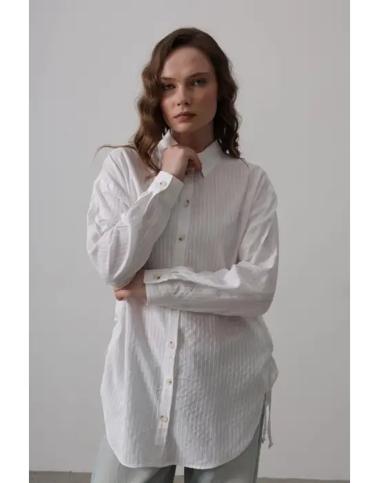 Omarı Beyaz Yan Büzmeli Tunik Gömlek