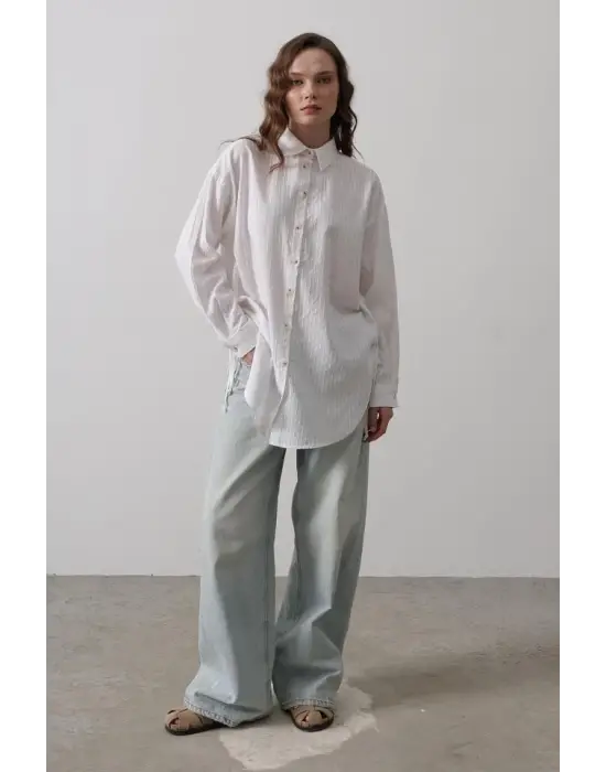 Omarı Beyaz Yan Büzmeli Tunik Gömlek