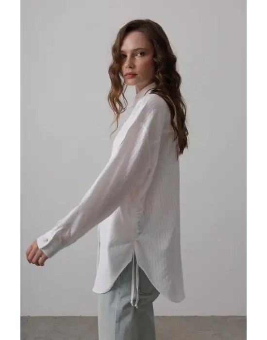 Yan Büzmeli Tunik Gömlek - Beyaz
