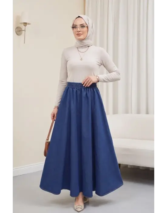 Yan Cepli Beli Lastikli Kot Etek  -İndigo