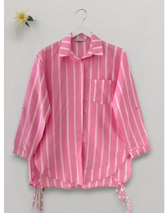 Omarı Pembe Çizgili Gömlek Yandan Bağlamalı Cepli