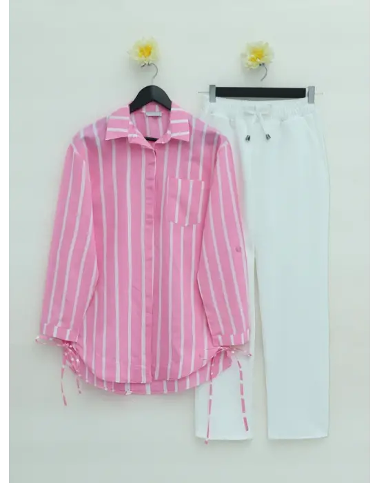 Omarı Pembe Çizgili Gömlek Yandan Bağlamalı Cepli