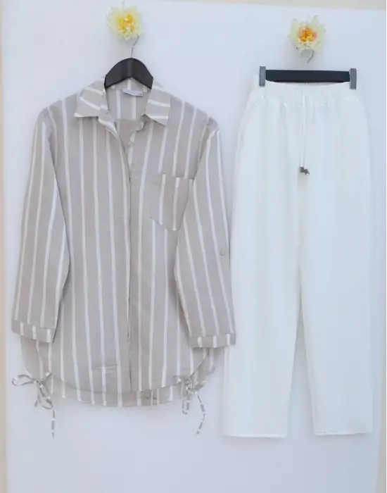 Omarı Trend Yandan Bağlamalı Çizgili Gömlek -Vizon