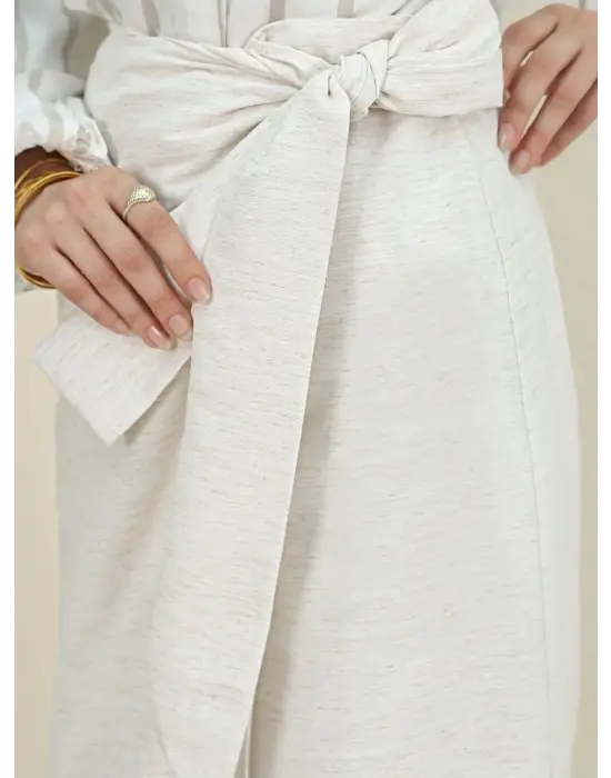 Omarı Yandan Bağlamalı Keten Etek - Trend Renk Seçenekleri