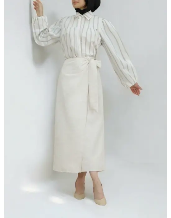 Omarı Yandan Bağlamalı Keten Etek - Trend Renk Seçenekleri