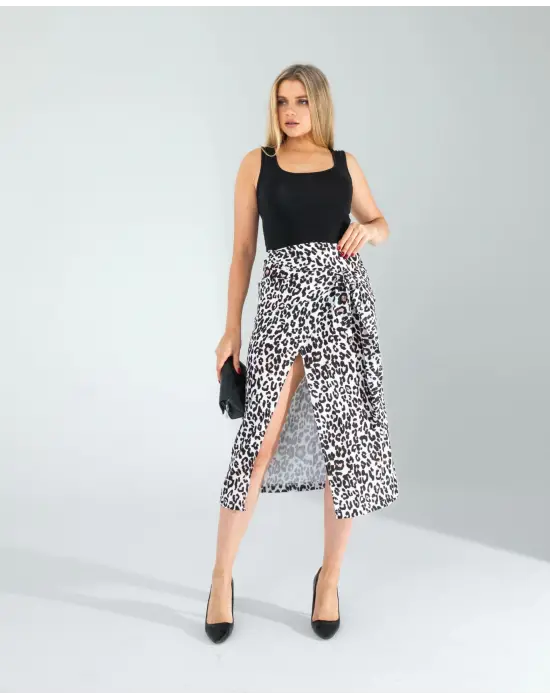 Modern Leopar Desenli Saten Etek