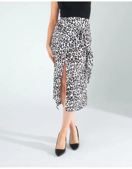 Modern Leopar Desenli Saten Etek