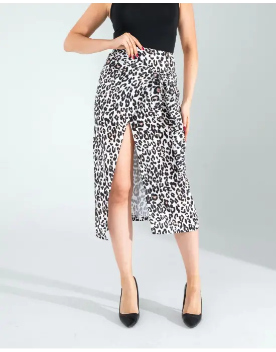 Modern Leopar Desenli Saten Etek
