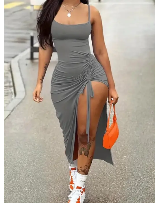 Omarı Yandan Büzgülü Uzun Elbise