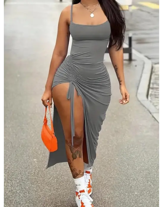 Omarı Yandan Büzgülü Uzun Elbise