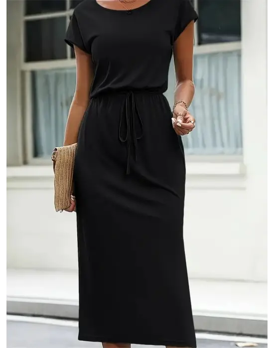 Omarı Yandan Yırtmaçlı Viskon Elbise