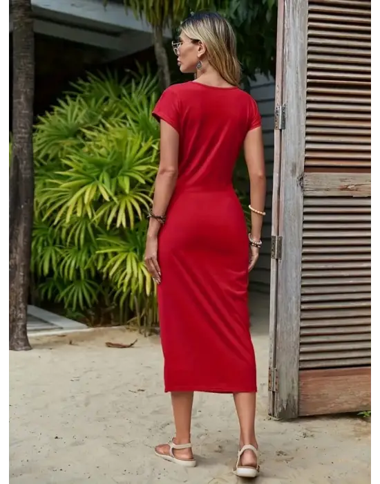 Omarı Şık Viskon Midi Elbise - Yandan Yırtmaçlı ve Kısa Kollu