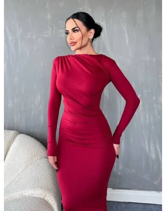 Yanı Büzgülü Uzun Skuba Elbise -Bordo