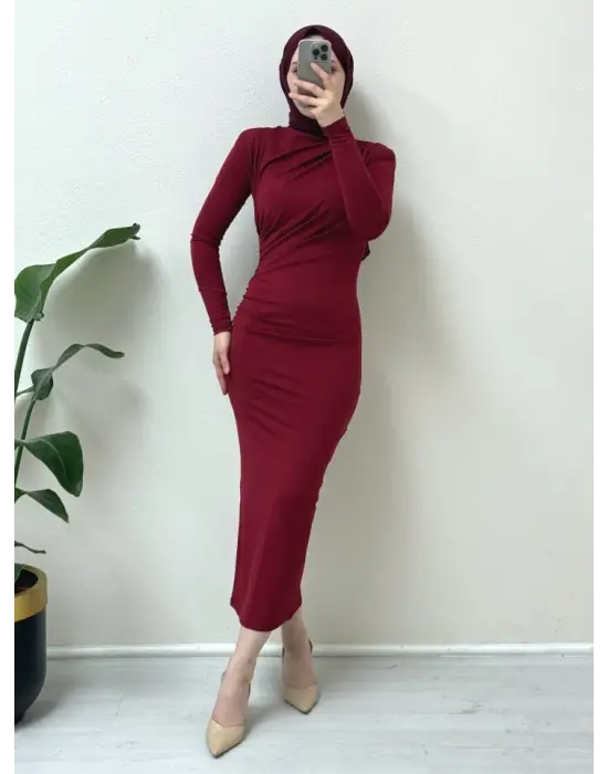 Yanı Büzgülü Uzun Skuba Elbise -Bordo
