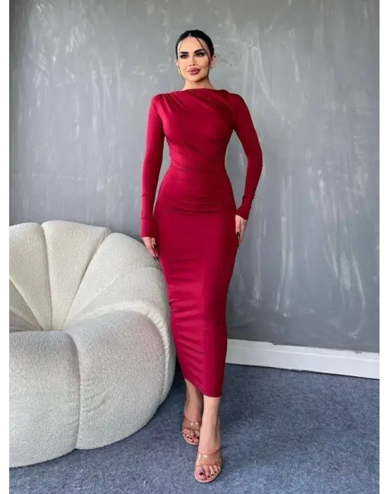 Yanı Büzgülü Uzun Skuba Elbise -Bordo