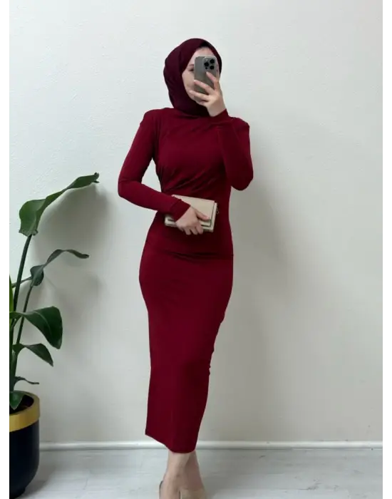 Yanı Büzgülü Uzun Skuba Elbise -Bordo