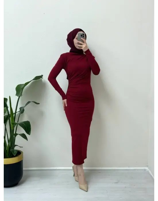 Yanı Büzgülü Uzun Skuba Elbise -Bordo