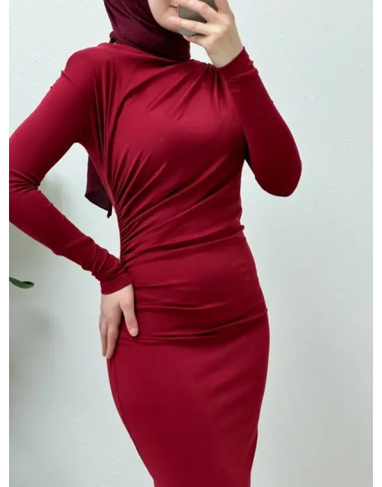 Yanı Büzgülü Uzun Skuba Elbise -Bordo