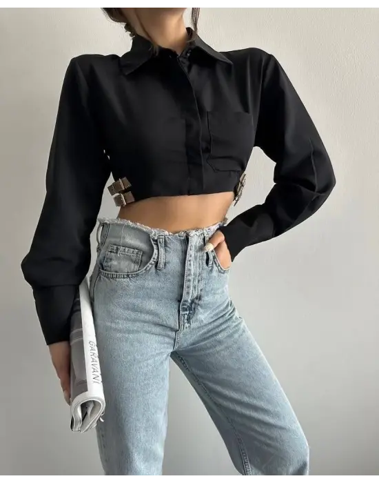 Yanı kemer detaylı crop gömlek siyah s4009