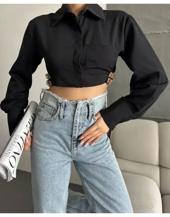 Yanı kemer detaylı crop gömlek siyah s4009