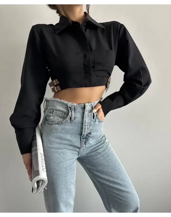 Yanı kemer detaylı crop gömlek siyah s4009
