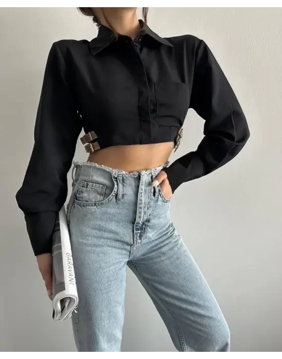 Omarı Yanı Kemer Detaylı Crop Gömlek - Siyah