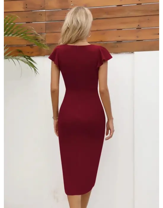 Omarı Şık Yanlardan Büzgülü Kısa Kollu Midi Elbise