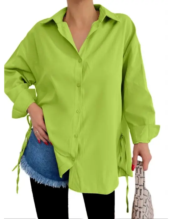 Yanları Bağcıklı Arkası Uzun Gömlek -F.Yeşili