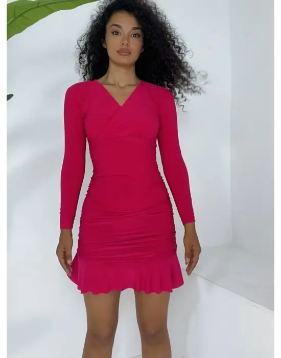 Omarı Yanları Lastikli Volan Detaylı Mini Elbise - Vişne