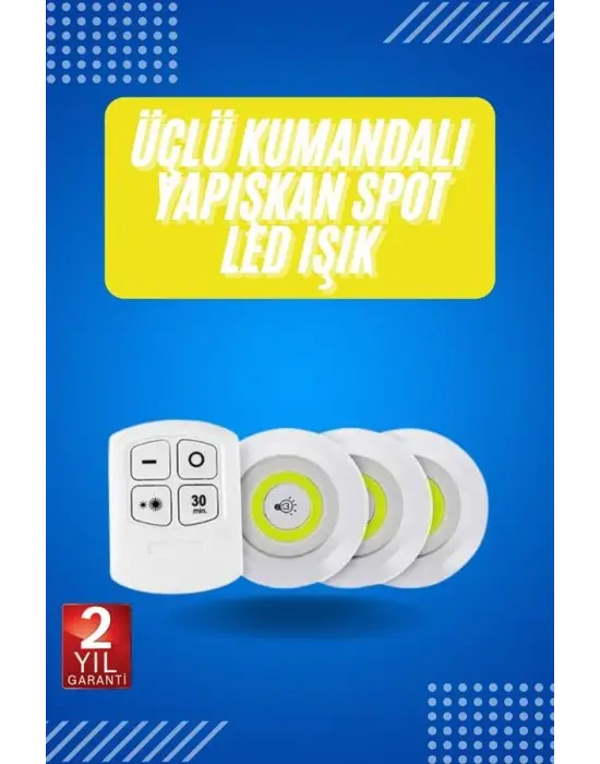 Yapışkanlı 3lü Spot Led Işık Lamba Montajsız Pilli Uzaktan Kumandalı