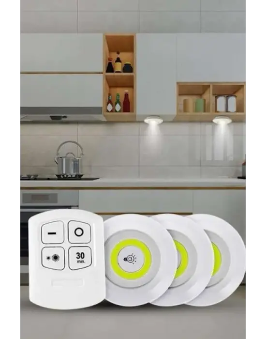 Yapışkanlı 3lü Spot Led Işık Lamba Montajsız Pilli Uzaktan Kumandalı