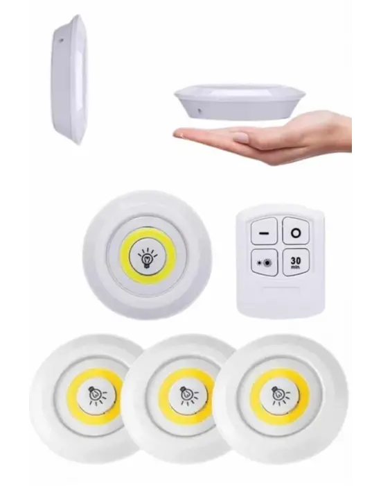 Yapışkanlı 3lü Spot Led Işık Lamba Montajsız Pilli Uzaktan Kumandalı