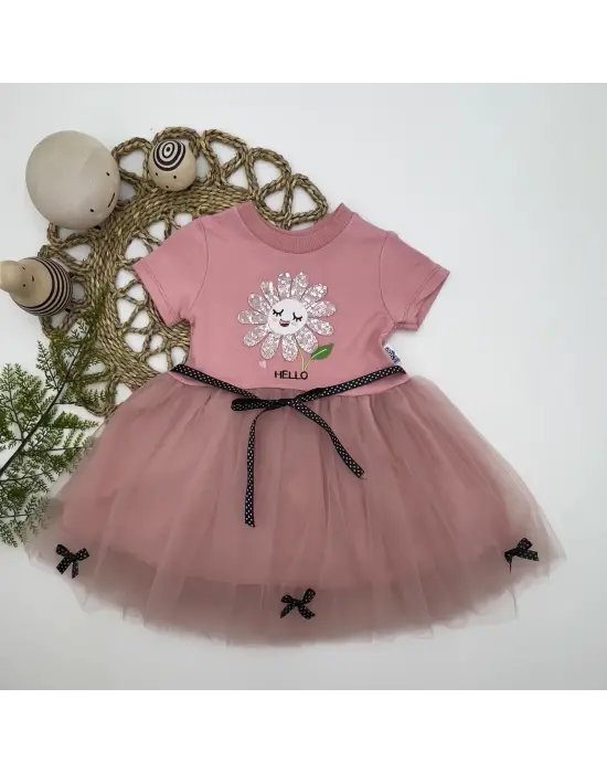 Omarı Tütü Elbise Çiçek Nakışlı Kız Bebek Elbisesi