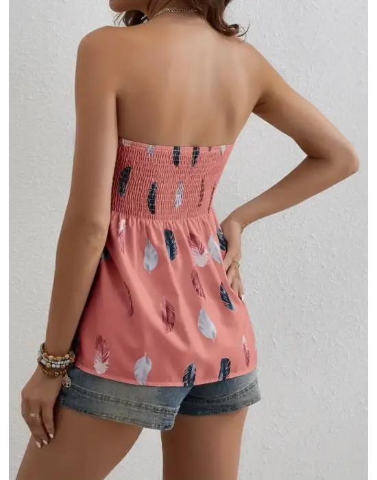 Omarı Yaprak Desenli Göğsü Gipeli Straplez Bluz