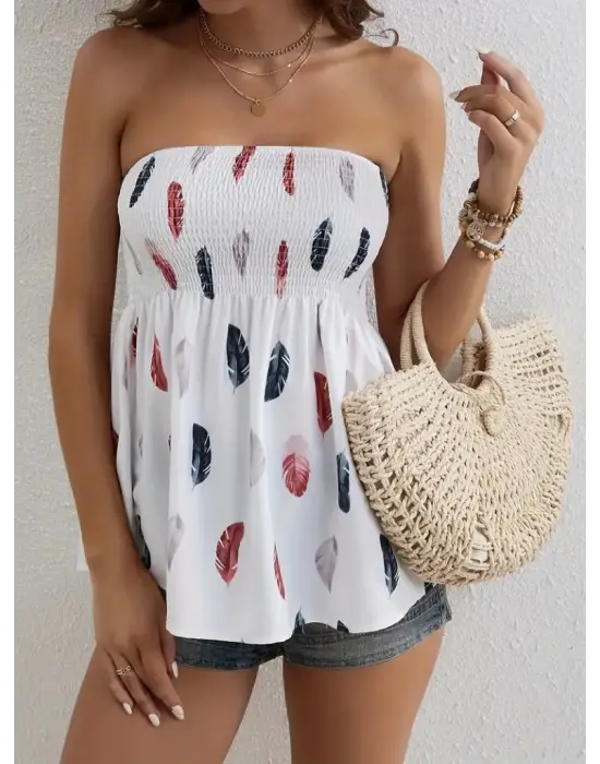 Omarı Yaprak Desenli Kadın Straplez Bluz