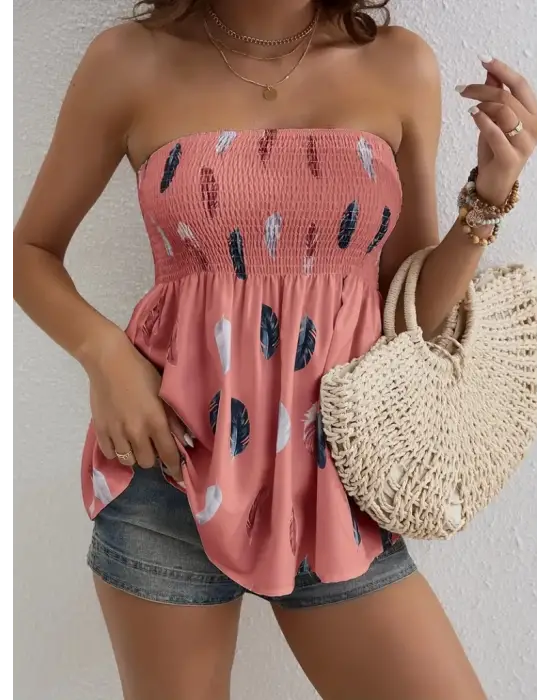 Omarı Yaprak Desenli Göğsü Gipeli Straplez Bluz