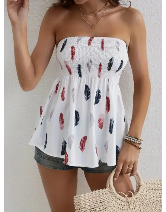 Omarı Yaprak Desenli Kadın Straplez Bluz