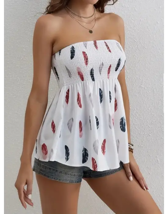 Omarı Yaprak Desenli Kadın Straplez Bluz