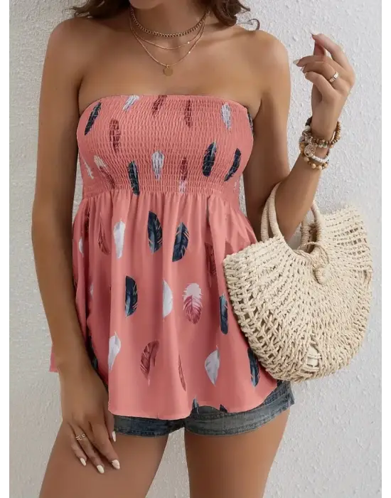 Omarı Yaprak Desenli Göğsü Gipeli Straplez Bluz