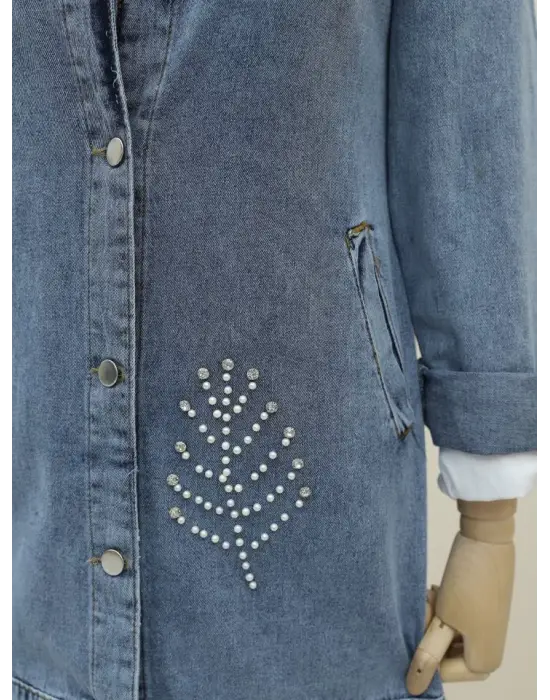 Omarı Yaprak Desenli Denim Ceket - Mavi